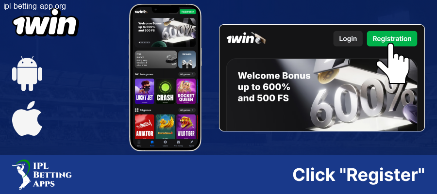 Click the register button on 1Win IPL Betting App in India